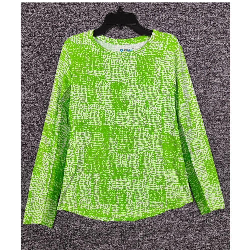 IBKUL Womens Long Sleeve‎ Sun Shirt Lime Green White Dot Mesh Panels Size M